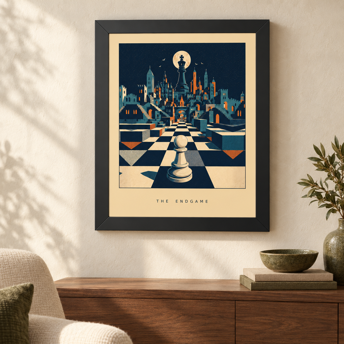 The Endgame framed art in an illustrative interior setting